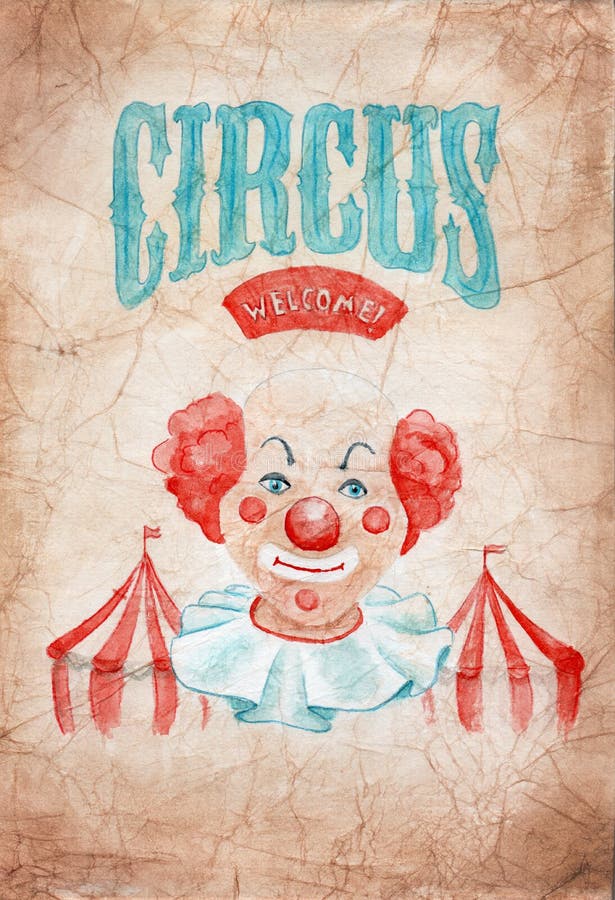 Pintura de la acuarela en el papel viejo arrugado - circo, payaso stock de ilustración Pintura de la acuarela en el papel viejo arrugado - circo, payaso stock de ilustración