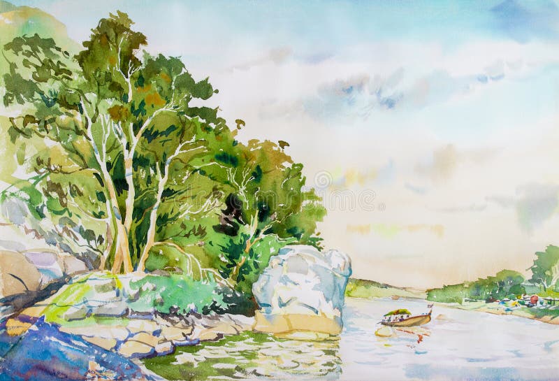 Pintura de paisagem colorida de navios de passageiro no rio ilustração royalty free Pintura de paisagem colorida de navios de passageiro no rio ilustração royalty free