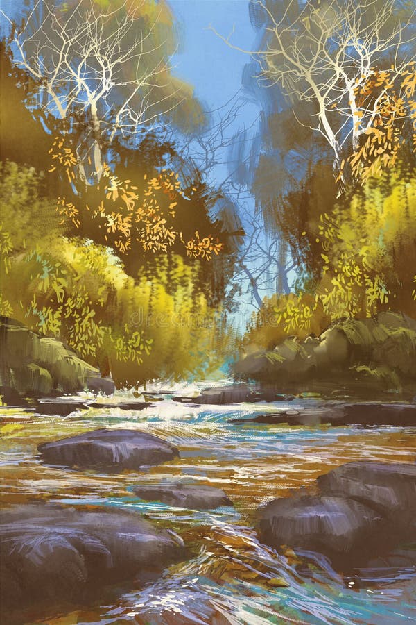 Pintura de paisaje de la cala en bosque