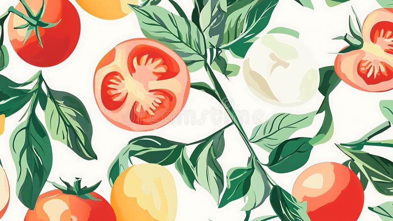 Pintura de un tomate y un montón de hojas verdes imagenes de archivo