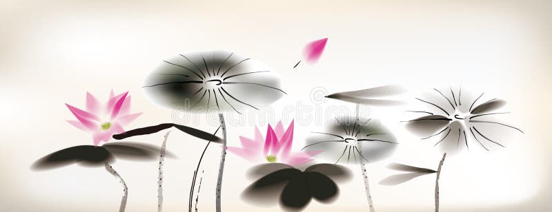 Waterlily painting chinese ink style. Waterlily painting chinese ink style