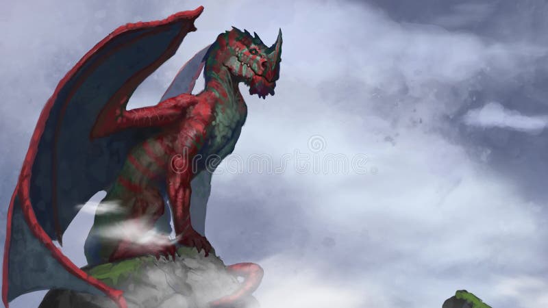 Pintura digital animada de dragão vermelho e verde sentado em um penhasco entre as nuvens esperando para fugir da fantasia digital