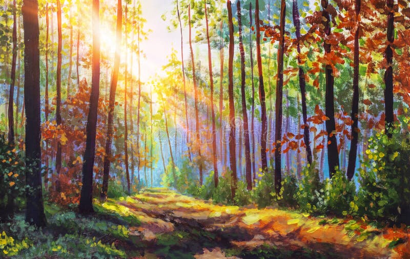 Pintura do outono Floresta de outono com luz solar Caminho na floresta através de árvores com folhas coloridas vívidas