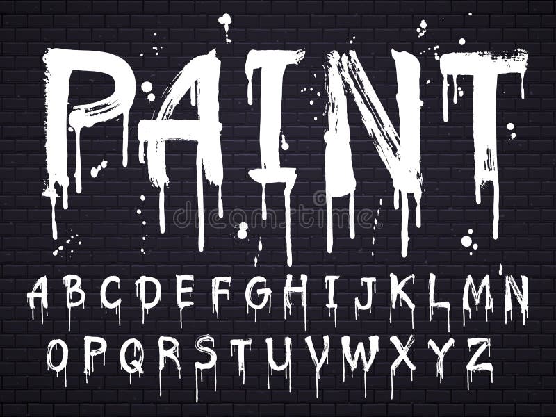Pintura goteo fuente de pintura para alfabeto latino aislado en fondo oscuro con ladrillos. letras de aceite blancas