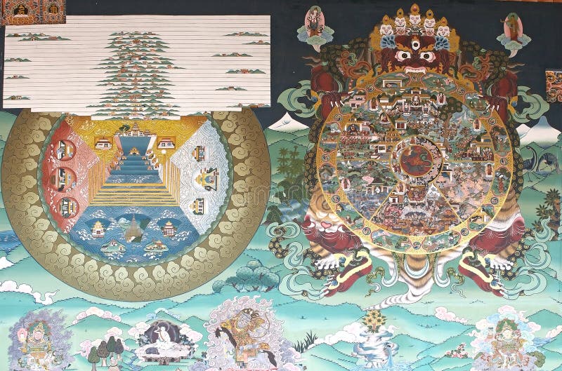 Pintura mural en el Trashi Chhoe Dzong, Timbu, Bhután imagenes de archivo Pintura mural en el Trashi Chhoe Dzong, Timbu, Bhután imagenes de archivo