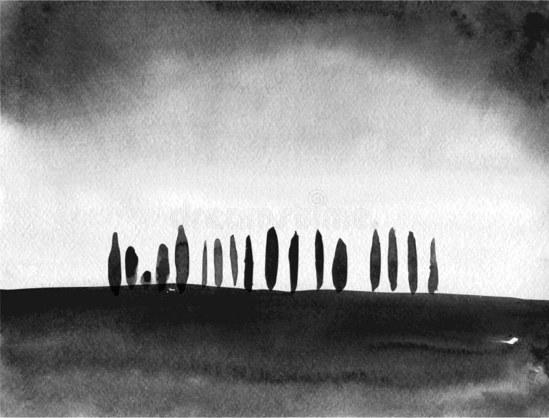 Pintura negra del lavado de la tinta de árboles en campo en el fondo blanco Sumi-e japonés tradicional de la pintura de la tinta stock de ilustración Pintura negra del lavado de la tinta de árboles en campo en el fondo blanco Sumi-e japonés tradicional de la pintura de la tinta stock de ilustración