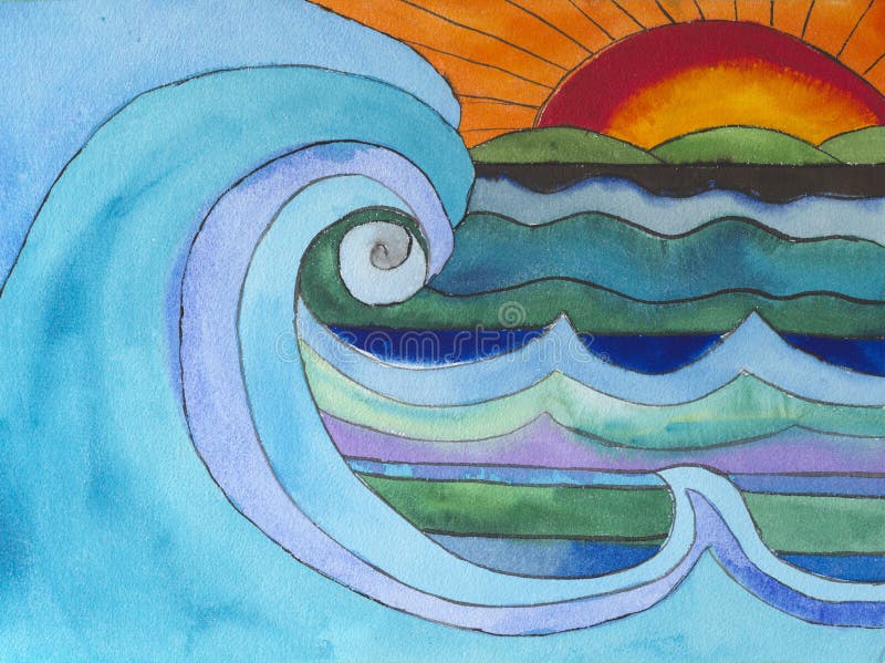 Pintura, onda, mar y sol abstractos de la acuarela stock de ilustración Pintura, onda, mar y sol abstractos de la acuarela stock de ilustración