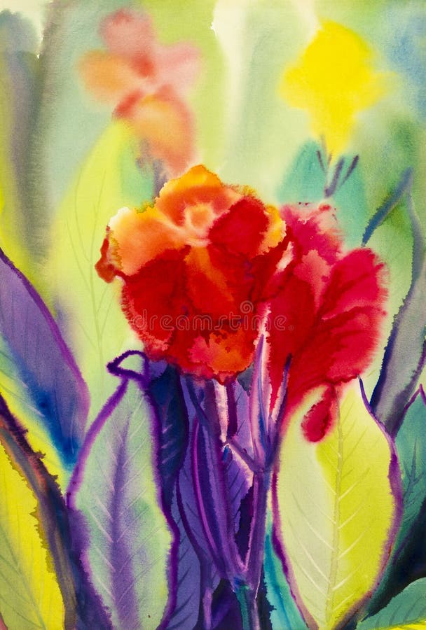 Pintura original da paisagem da aquarela colorida da flor do lírio de canna ilustração royalty free Pintura original da paisagem da aquarela colorida da flor do lírio de canna ilustração royalty free
