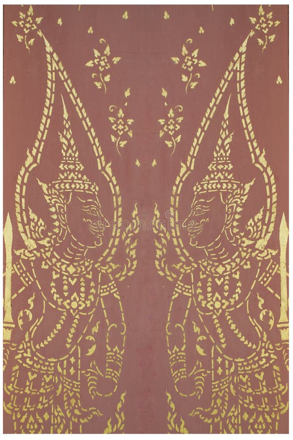 Pintura tradicional del fondo de oro del diseño del estampado de flores de los ángeles de los pares del adorno del arte tailandés imágenes de archivo libres de regalías Pintura tradicional del fondo de oro del diseño del estampado de flores de los ángeles de los pares del adorno del arte tailandés imágenes de archivo libres de regalías