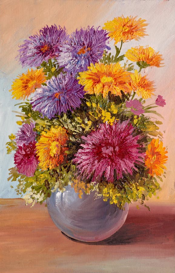 Oil Painting - still life, a bouquet of flowers, vase, agriculture; art; artistic. Oil Painting - still life, a bouquet of flowers, vase, agriculture; art; artistic