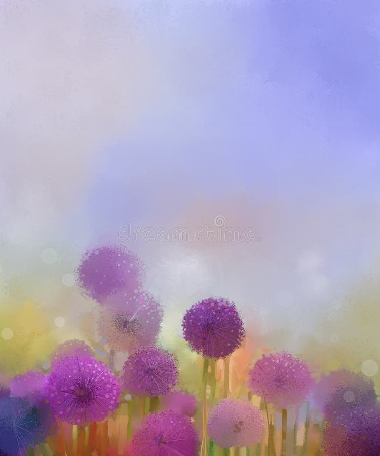 A pintura a óleo, cores pastel ilumina - a flor da cebola roxa nos prados ilustração do vetor A pintura a óleo, cores pastel ilumina - a flor da cebola roxa nos prados ilustração do vetor