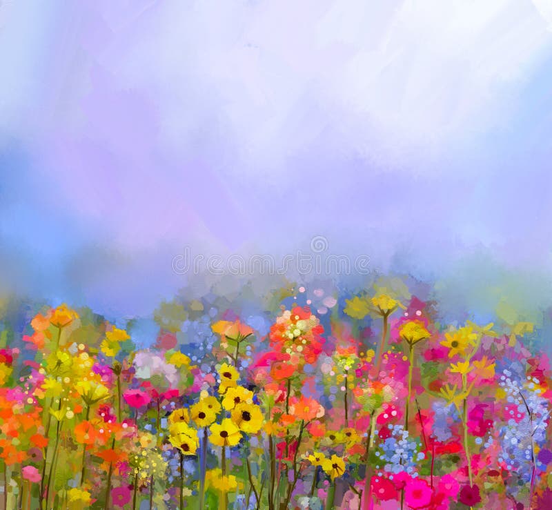 Pintura a óleo da arte abstrato da flor da verão-mola Prado, paisagem com wildflower