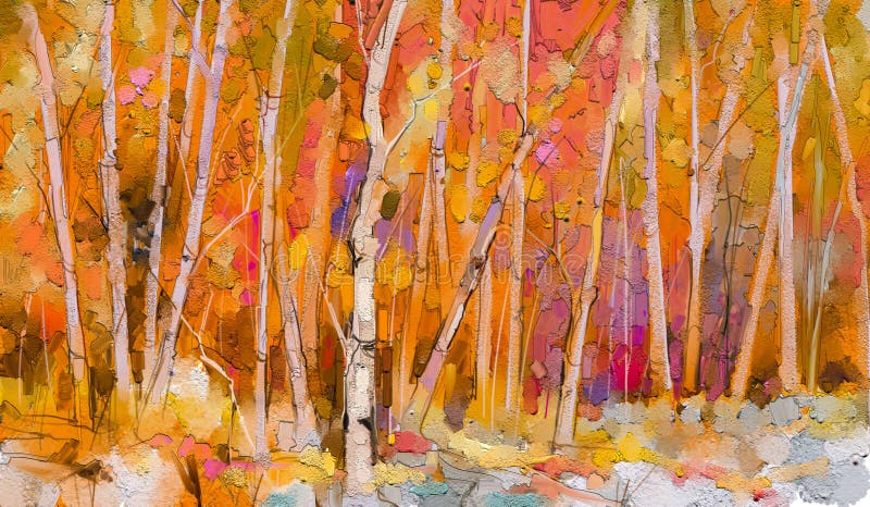 Pintura a óleo de árvores coloridas do outono. imagem semisabstrata dos aspústres florestais com folha vermelha amarela.