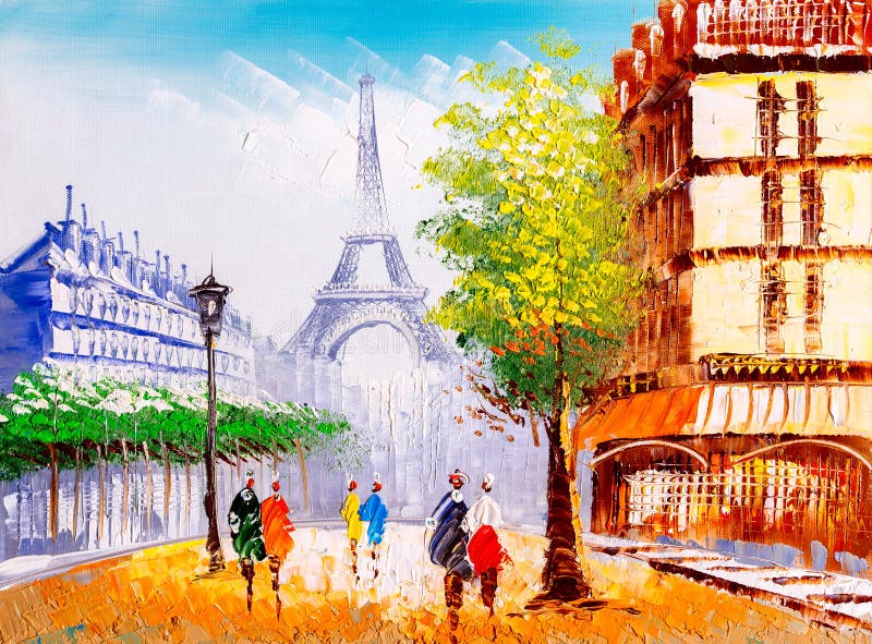 Pintura a óleo - Vista de rua de Paris ilustração do vetor
