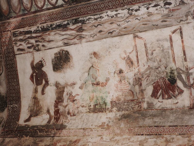 Pinturas antiguas exquisitas en las paredes en Jahangir Mahal en el orcha, la India, Madhya Pradesh imágenes de archivo libres de regalías Pinturas antiguas exquisitas en las paredes en Jahangir Mahal en el orcha, la India, Madhya Pradesh imágenes de archivo libres de regalías