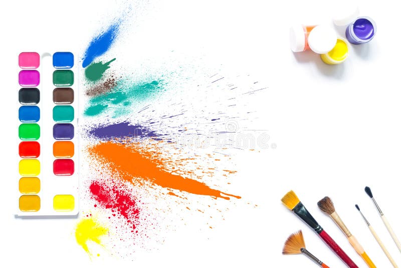 Pinturas e escovas coloridas com pintura multi-colorida do respingo do pulverizador, guache, aquarela isolada fotografia de stock Pinturas e escovas coloridas com pintura multi-colorida do respingo do pulverizador, guache, aquarela isolada fotografia de stock