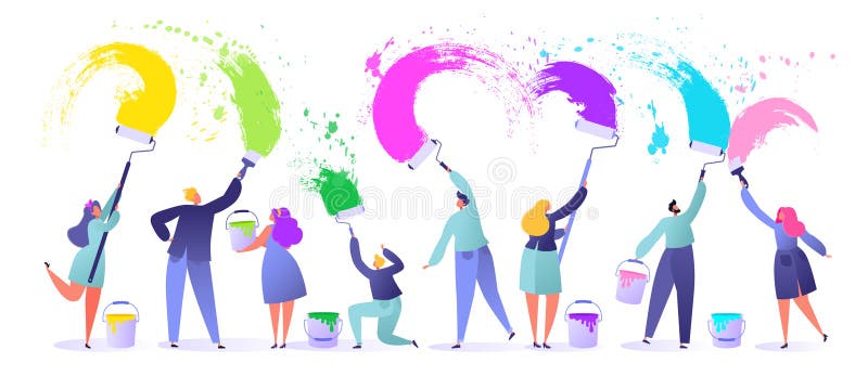 Pinturas pequenas, lisas, dos povos dos caráteres com escovas e parede branca grande dos rolos de pintura, usam cores brilhantes, ilustração stock Pinturas pequenas, lisas, dos povos dos caráteres com escovas e parede branca grande dos rolos de pintura, usam cores brilhantes, ilustração stock
