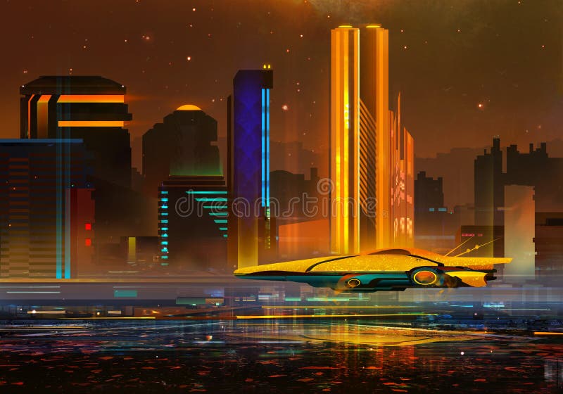 Pintó un paisaje urbano fantástico de la noche del futuro stock de ilustración Pintó un paisaje urbano fantástico de la noche del futuro stock de ilustración