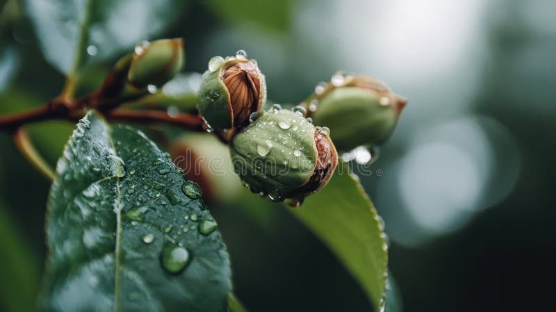 Piogge su boccioli e foglie in un giardino verde di rossore illustrazione di stock