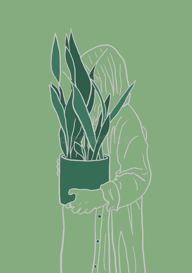 Pionowa ilustracja kobiety trzymającej dzbanek z kwiatem ficus ilustracji