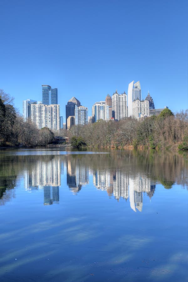 A Vertical of Atlanta, Georgia skyline with reflections. A Vertical of Atlanta, Georgia skyline with reflections