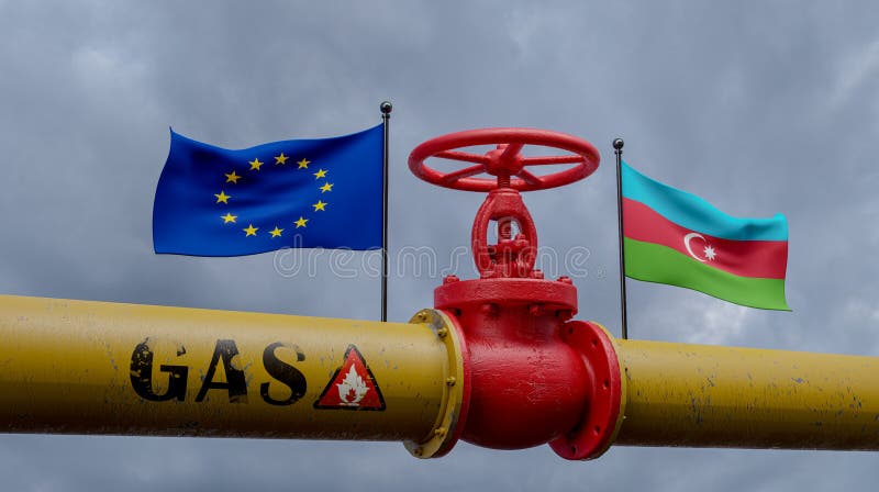 Pipe of gas from azerbaijan to European Union, Valve on the main gas pipeline azerbaijan, Sanctions concept, 3D work and 3D image royalty free illustration