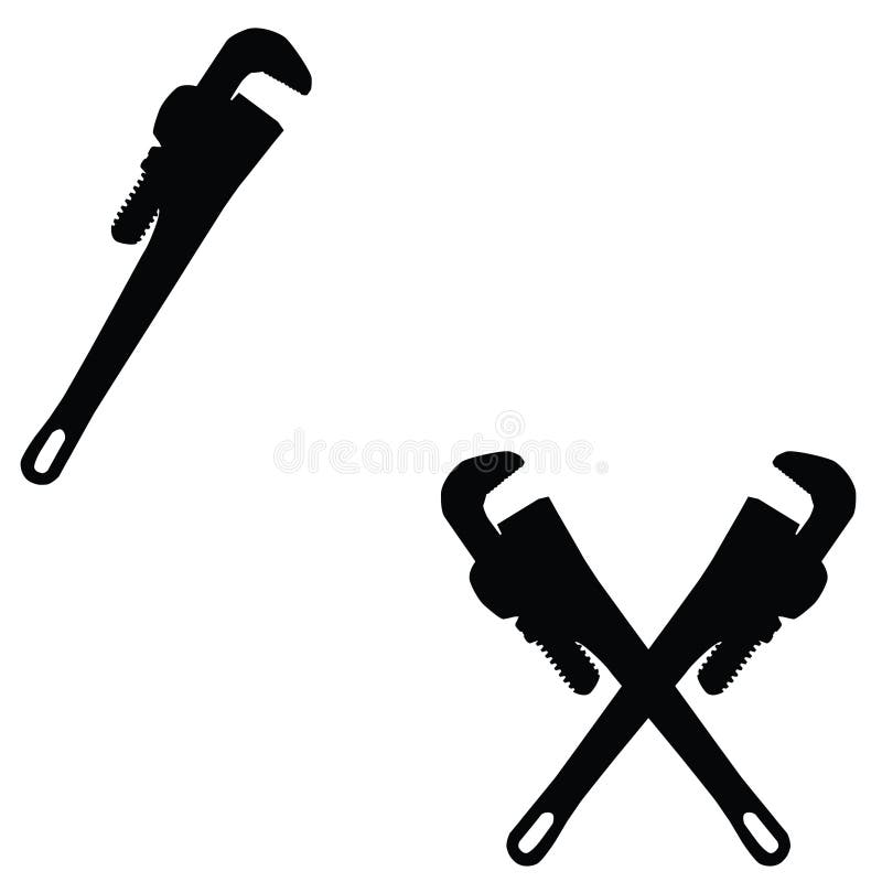 Black and white illustration of a crossed adjustable pipe wrench