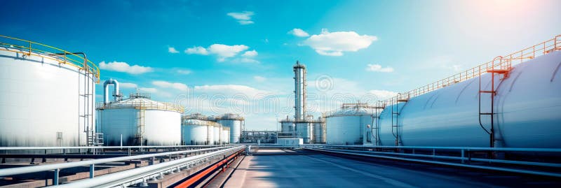 Pipeline terminal, where materials are stored before distribution, featuring storage tanks and loading docks. Generative royalty free illustration