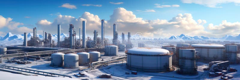 Pipeline terminal, where materials are stored before distribution, featuring storage tanks and loading docks. AI generated