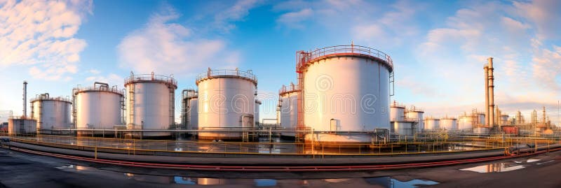 Pipeline terminal, where materials are stored before distribution, featuring storage tanks and loading docks. Generative vector illustration