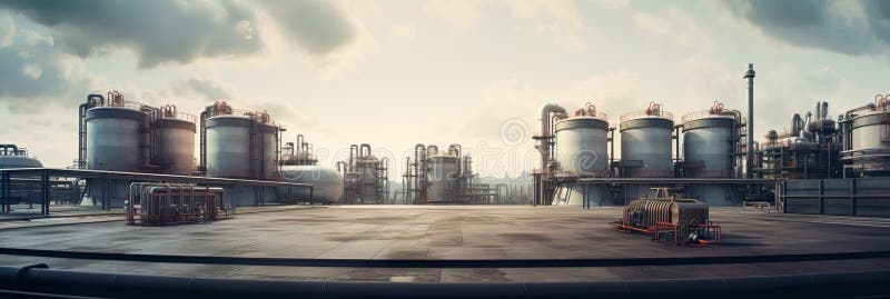 Pipeline terminal, where materials are stored before distribution, featuring storage tanks and loading docks. Generative stock illustration