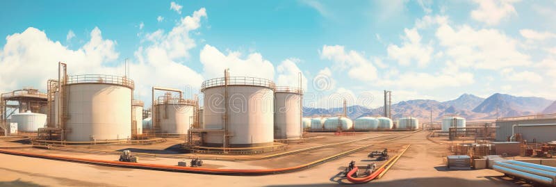 Pipeline terminal, where materials are stored before distribution, featuring storage tanks and loading docks. Generative royalty free illustration