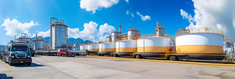 Pipeline terminal, where materials are stored before distribution, featuring storage tanks and loading docks. Generative royalty free illustration