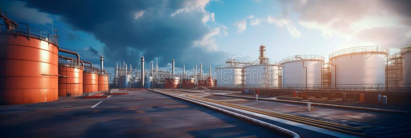 Pipeline terminal, where materials are stored before distribution, featuring storage tanks and loading docks. Generative stock illustration