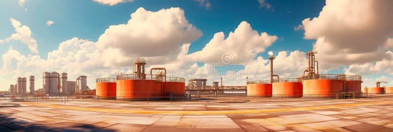 Pipeline terminal, where materials are stored before distribution, featuring storage tanks and loading docks. Generative vector illustration