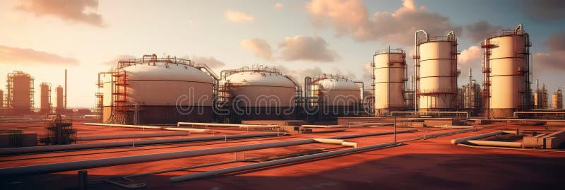 Pipeline terminal, where materials are stored before distribution, featuring storage tanks and loading docks. Generative vector illustration
