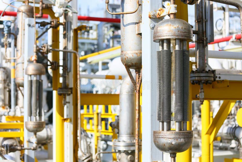 Pipelines on oil and gas platform for production, Oil and gas process and control by automation system, Operator control product royalty free stock photography Pipelines on oil and gas platform for production, Oil and gas process and control by automation system, Operator control product royalty free stock photography