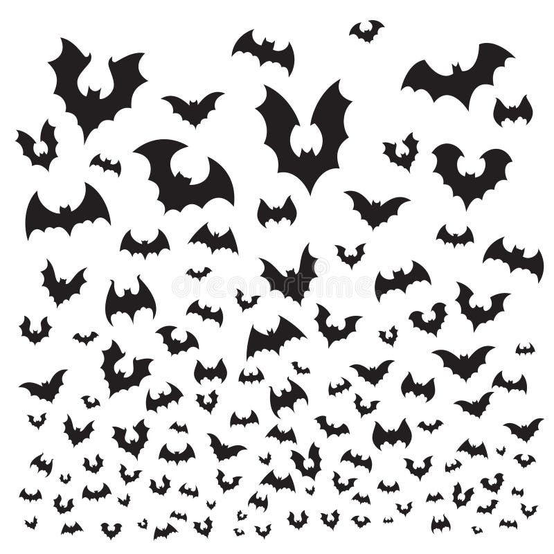 Pipistrello di Halloween di volo Mosca della siluetta dello stormo dei pipistrelli di caverna al cielo Illustrazione spaventosa d illustrazione di stock Pipistrello di Halloween di volo Mosca della siluetta dello stormo dei pipistrelli di caverna al cielo Illustrazione spaventosa d illustrazione di stock