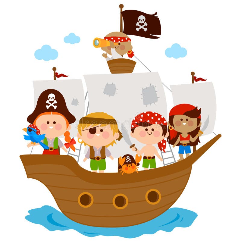Piraatjongens en meisjes die op een schip bij het overzees varen royalty-vrije illustratie Piraatjongens en meisjes die op een schip bij het overzees varen royalty-vrije illustratie
