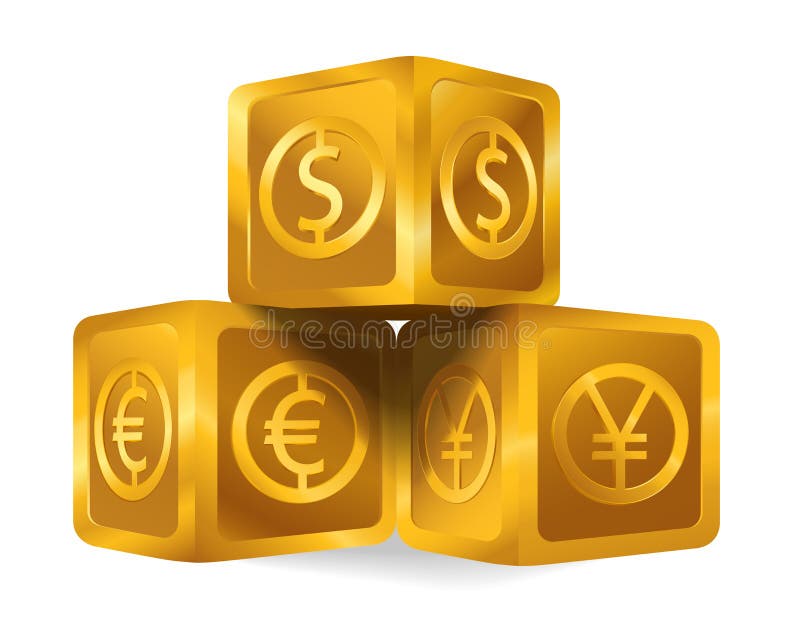 Piramide dorata isolata del cubo con il segno di dollaro americano di valute di maggiore del mondo, euro, icona di Yen giapponesi illustrazione vettoriale Piramide dorata isolata del cubo con il segno di dollaro americano di valute di maggiore del mondo, euro, icona di Yen giapponesi illustrazione vettoriale