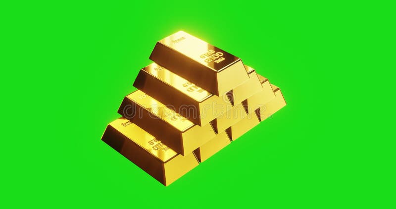Piramide van gouden bars animatie die over het groene scherm roteert
