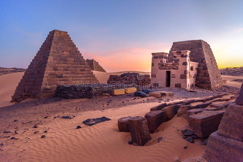 Pyramids of Meroe, Sudan. MeroÃ« is an ancient desert pyramid city, east bank of the Nile near Shendi, Sudan, approximately 200 km north-east of Khartoum in the desert. Pyramids of Meroe, Sudan. MeroÃ« is an ancient desert pyramid city, east bank of the Nile near Shendi, Sudan, approximately 200 km north-east of Khartoum in the desert