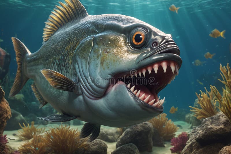 Fearful piranha with teeth and open mouth in water ai. Fearful piranha with teeth and open mouth in water ai