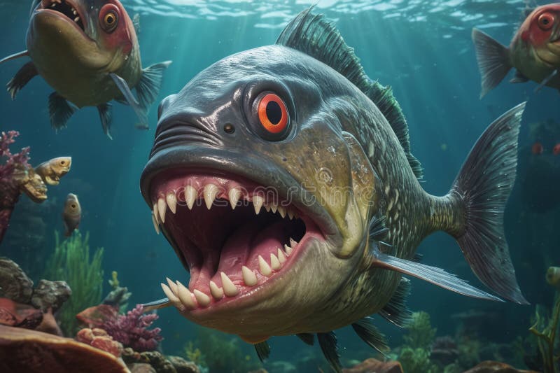 Fearful piranha with teeth and open mouth in water ai. Fearful piranha with teeth and open mouth in water ai