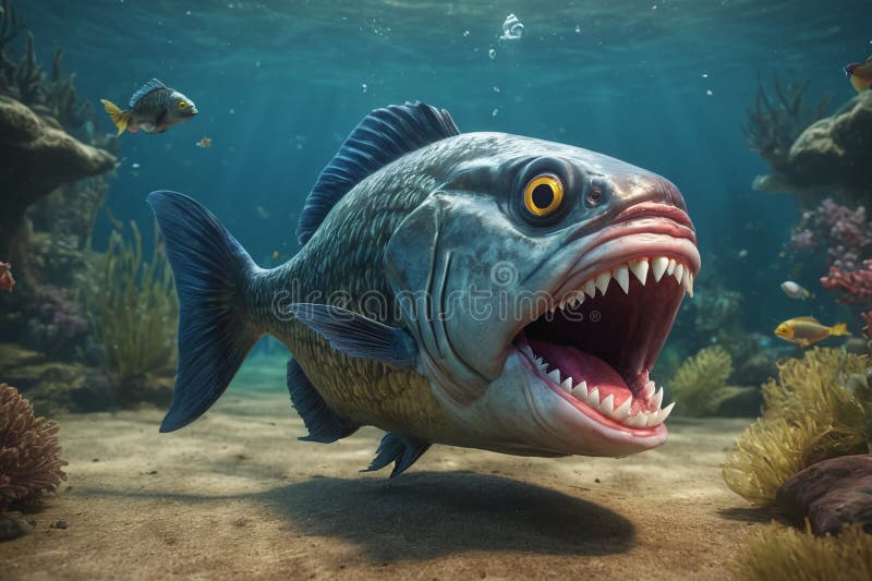 Fearful piranha with teeth and open mouth in water ai. Fearful piranha with teeth and open mouth in water ai