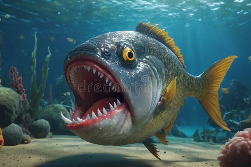 Fearful piranha with teeth and open mouth in water ai. Fearful piranha with teeth and open mouth in water ai