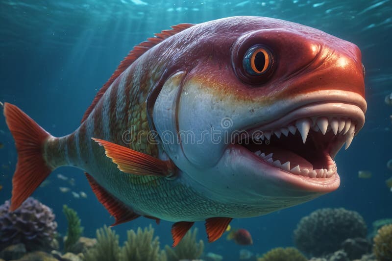 Fearful piranha with teeth and open mouth in water ai. Fearful piranha with teeth and open mouth in water ai