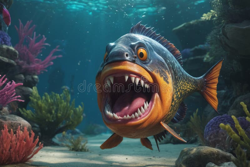 Fearful piranha with teeth and open mouth in water ai. Fearful piranha with teeth and open mouth in water ai