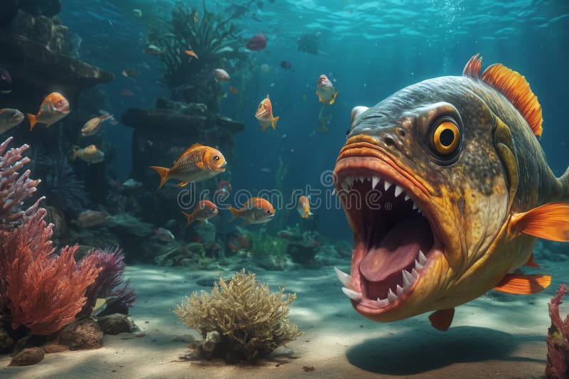 Fearful piranha with teeth and open mouth in water ai. Fearful piranha with teeth and open mouth in water ai