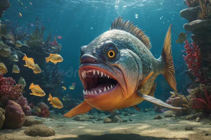 Fearful piranha with teeth and open mouth in water ai. Fearful piranha with teeth and open mouth in water ai